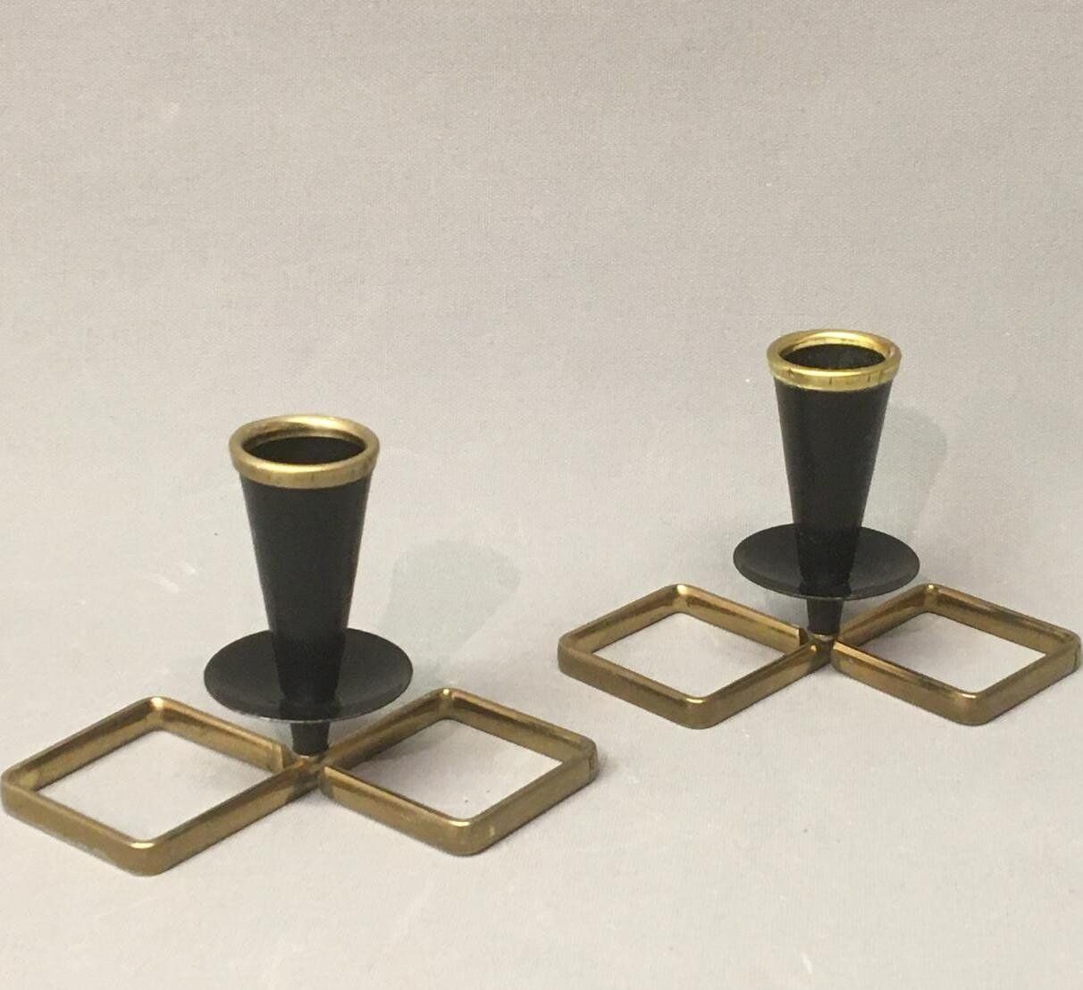 Pair of vintage candle holders in black metal and brass Sweden 1960