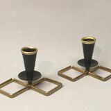 Pair of vintage candle holders in black metal and brass Sweden 1960