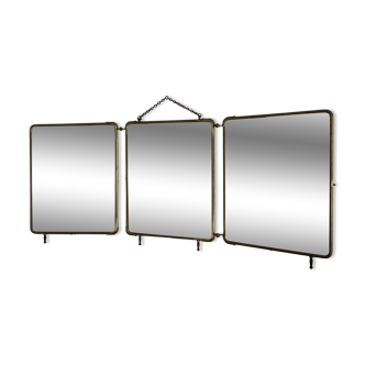 Miroir vintage 1920 triptyque barbier doré simili crocodile vert - 37 x 87 cm
