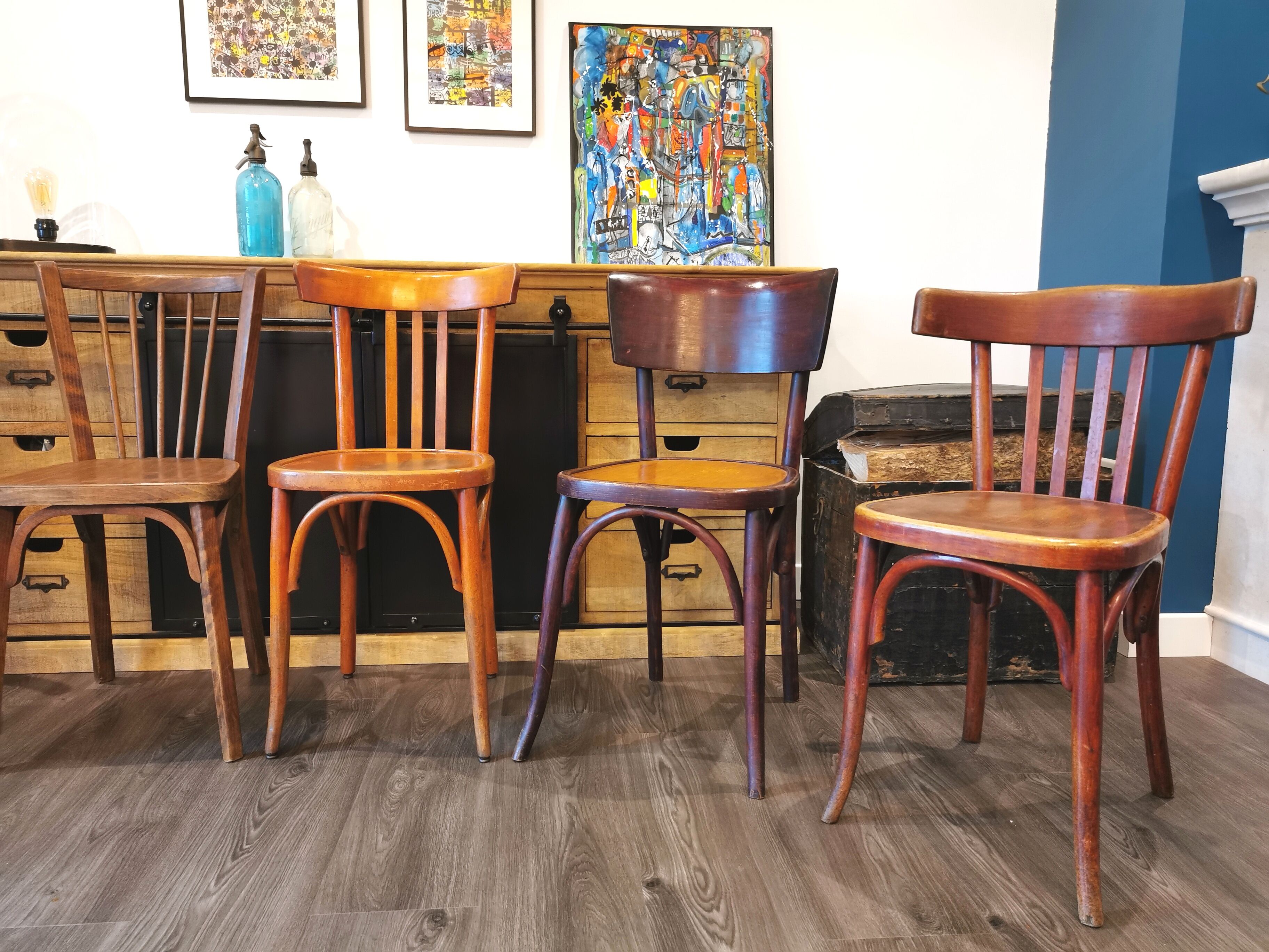 Series of 6 mismatched bistro chairs Baumann and Mahieu