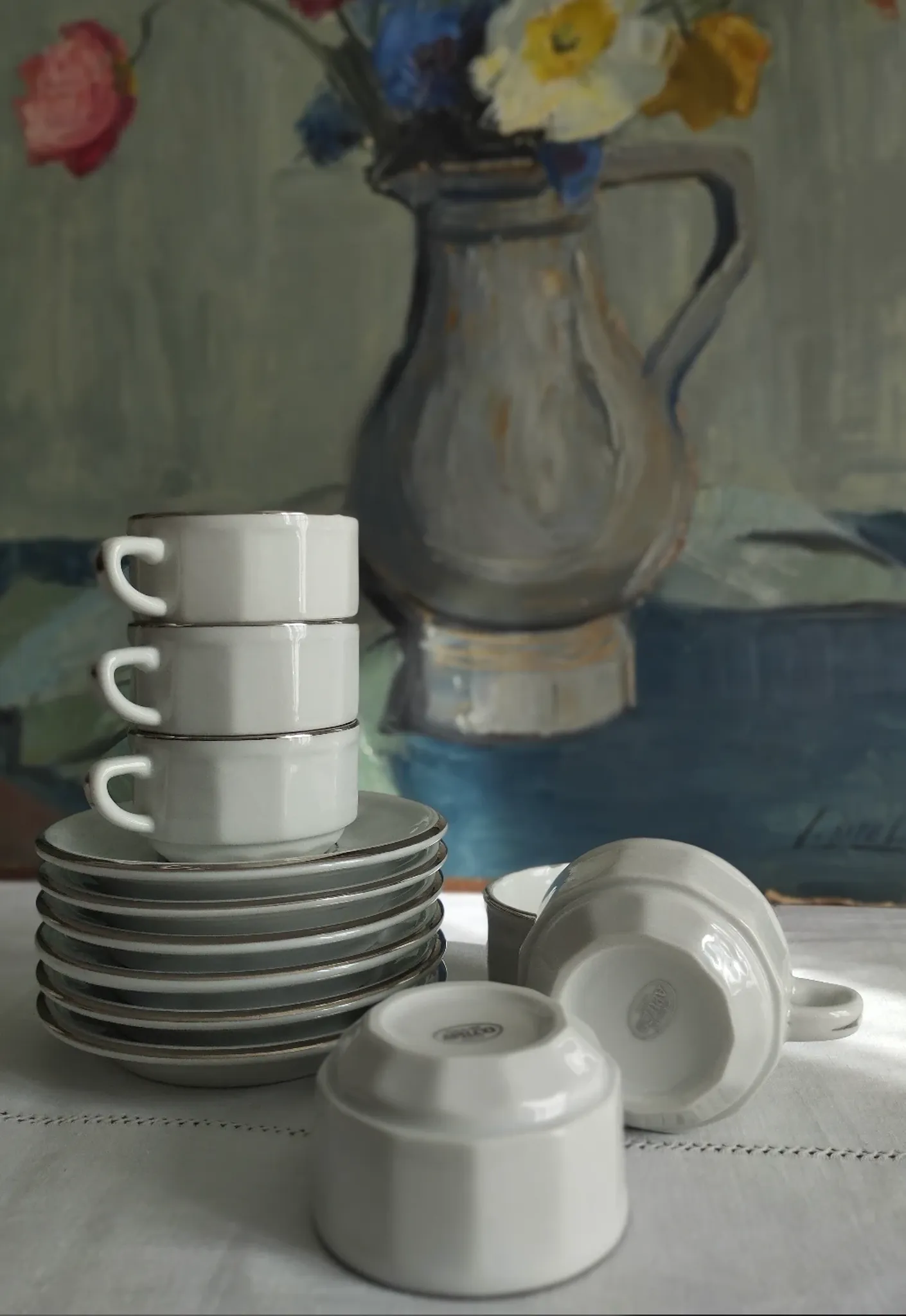 6 white porcelain coffee cups with silver trim Apilco Deshoulières