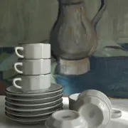 6 white porcelain coffee cups with silver trim Apilco Deshoulières