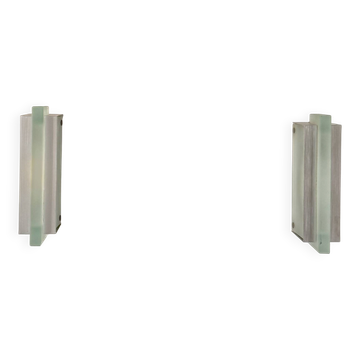 Paire d'appliques vintage métal brossé et verre sablé, France 1980