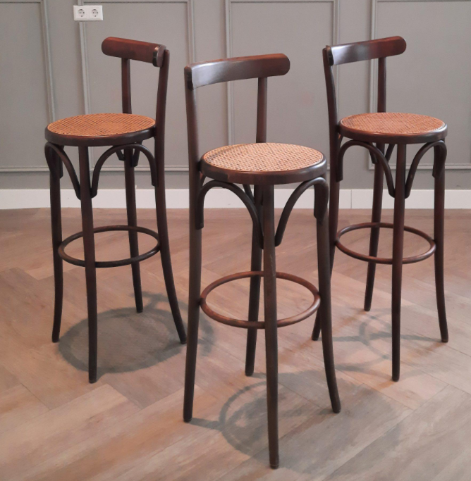 Set of 3 curved wooden bar stools with rattan seat 70s 80s