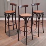 Set of 3 curved wooden bar stools with rattan seat 70s 80s