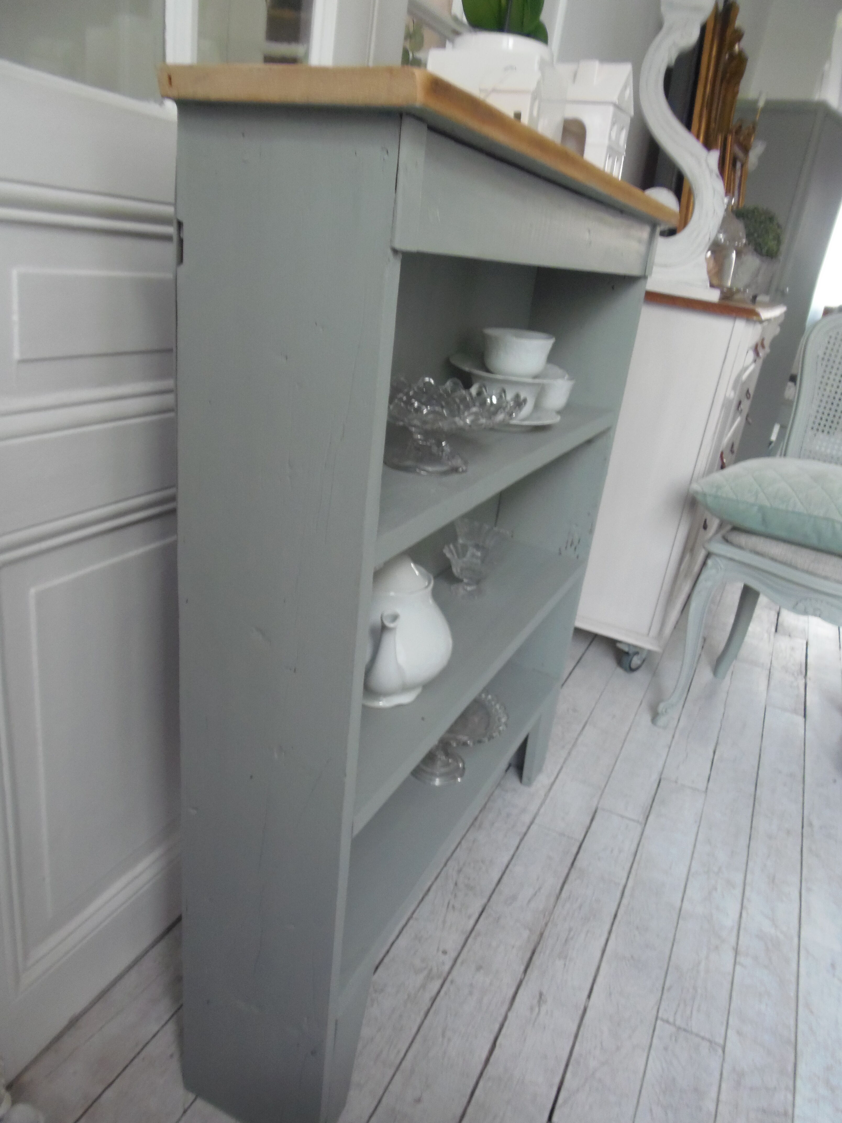 Vintage pearl grey green bookcase, 2 shelves, pitchpin top