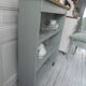 Vintage pearl grey green bookcase, 2 shelves, pitchpin top