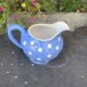 Lavender blue earthenware tea service with white polka dots from Digoin Sarreguemines.