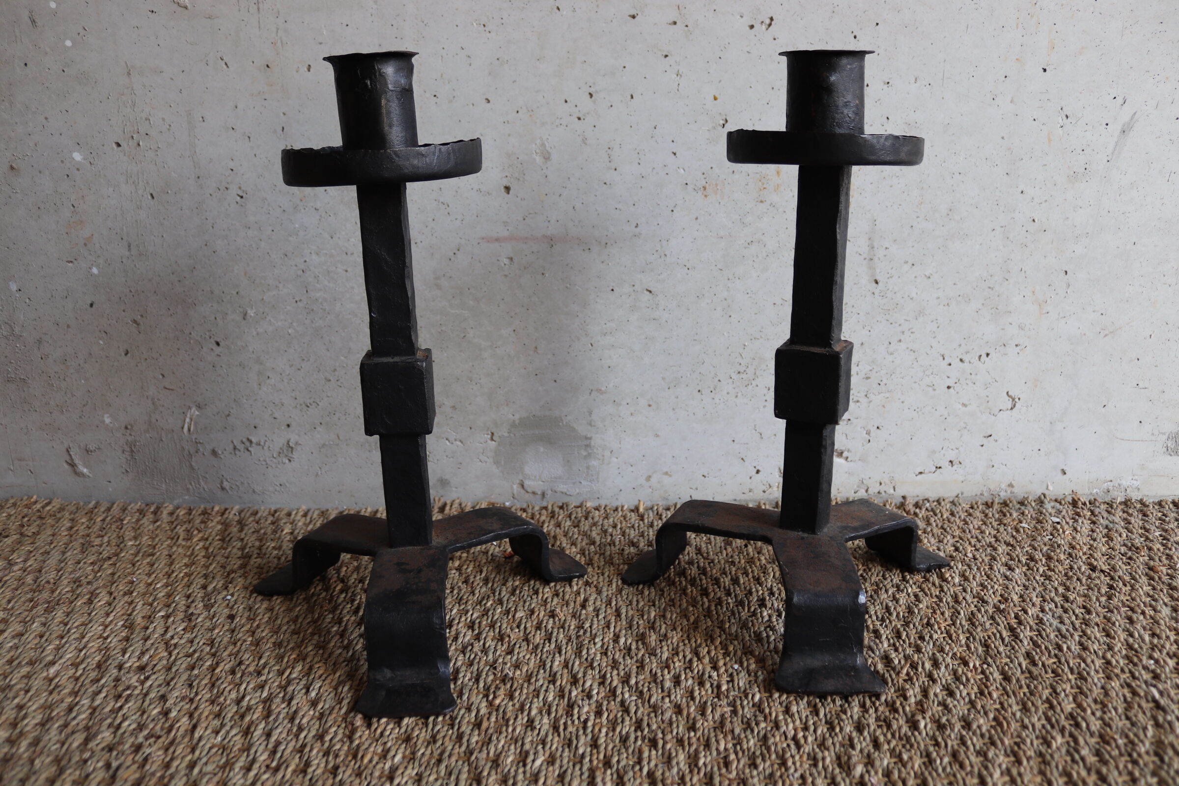 Pair of large brutalist cast iron candlesticks from the 50s