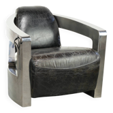 Vintage Aviator design armchair made of cowhide leather with aluminium