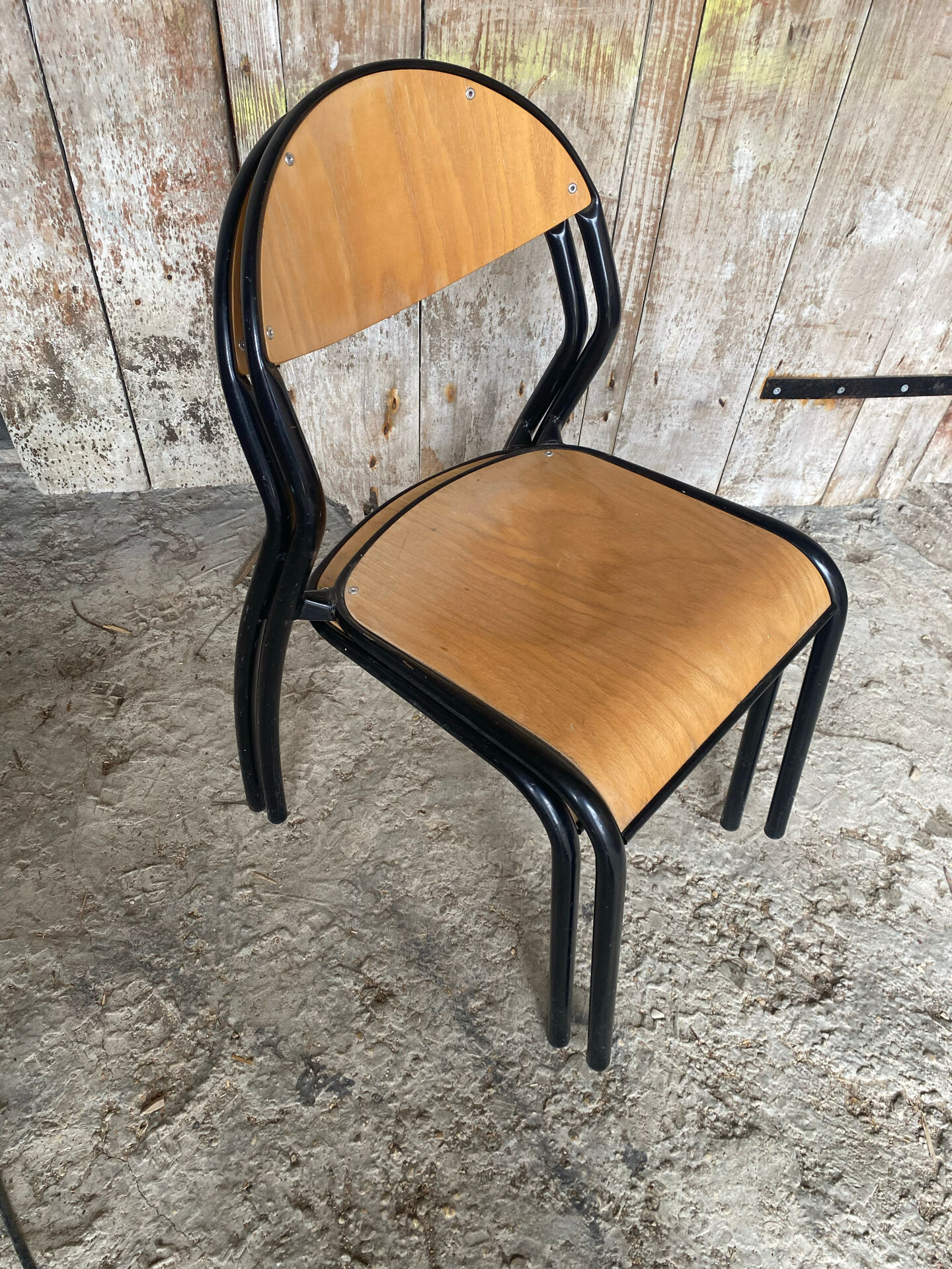 Paire Chaise Ancienne Écolier Style MULLCA Métal Noir + Bois Vintage #