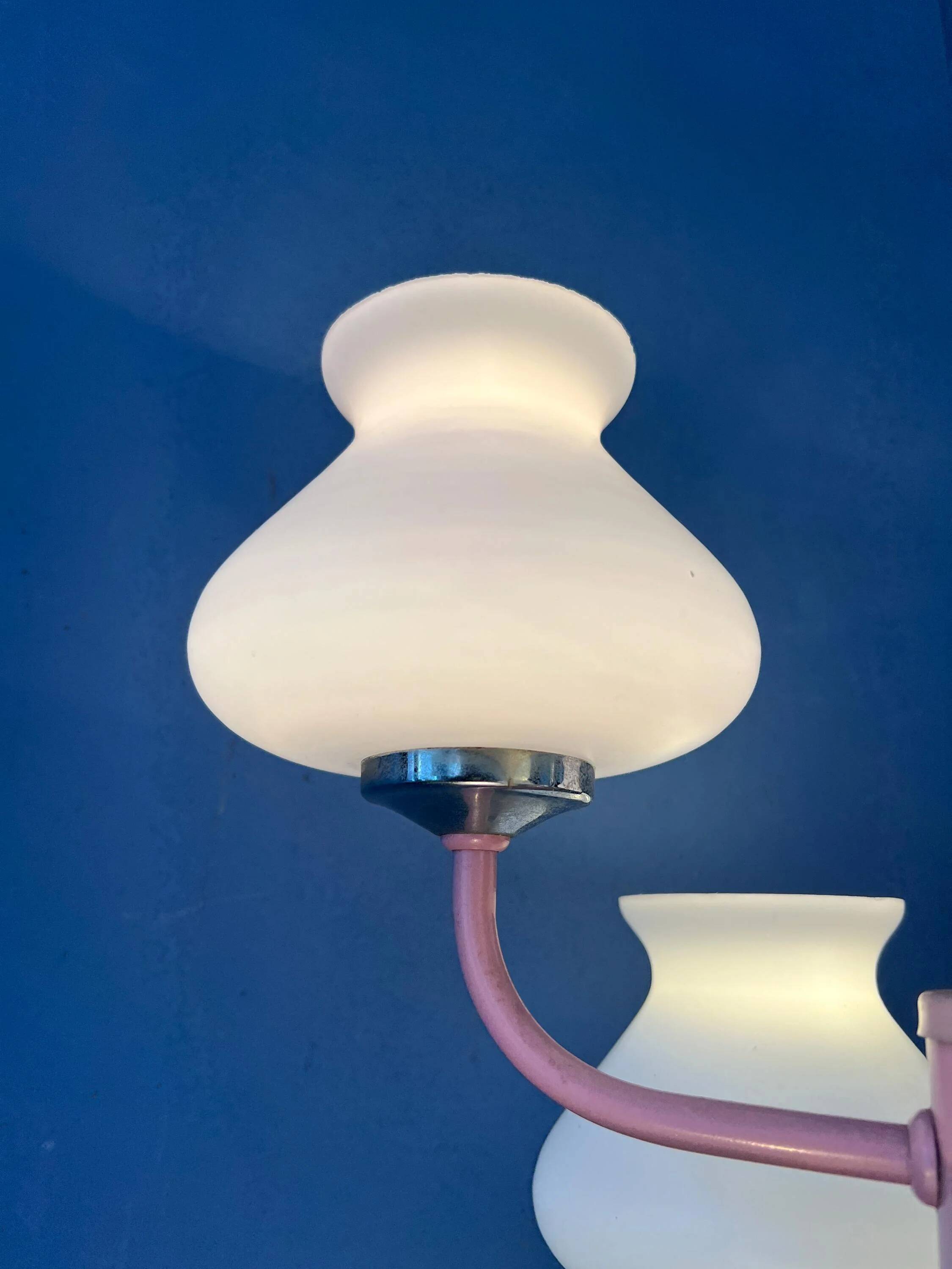 Mid-century opaline glass chandelier with a pink structure.