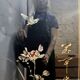 Vintage Chinese lacquer cabinet with black flowers and birds / bohemian