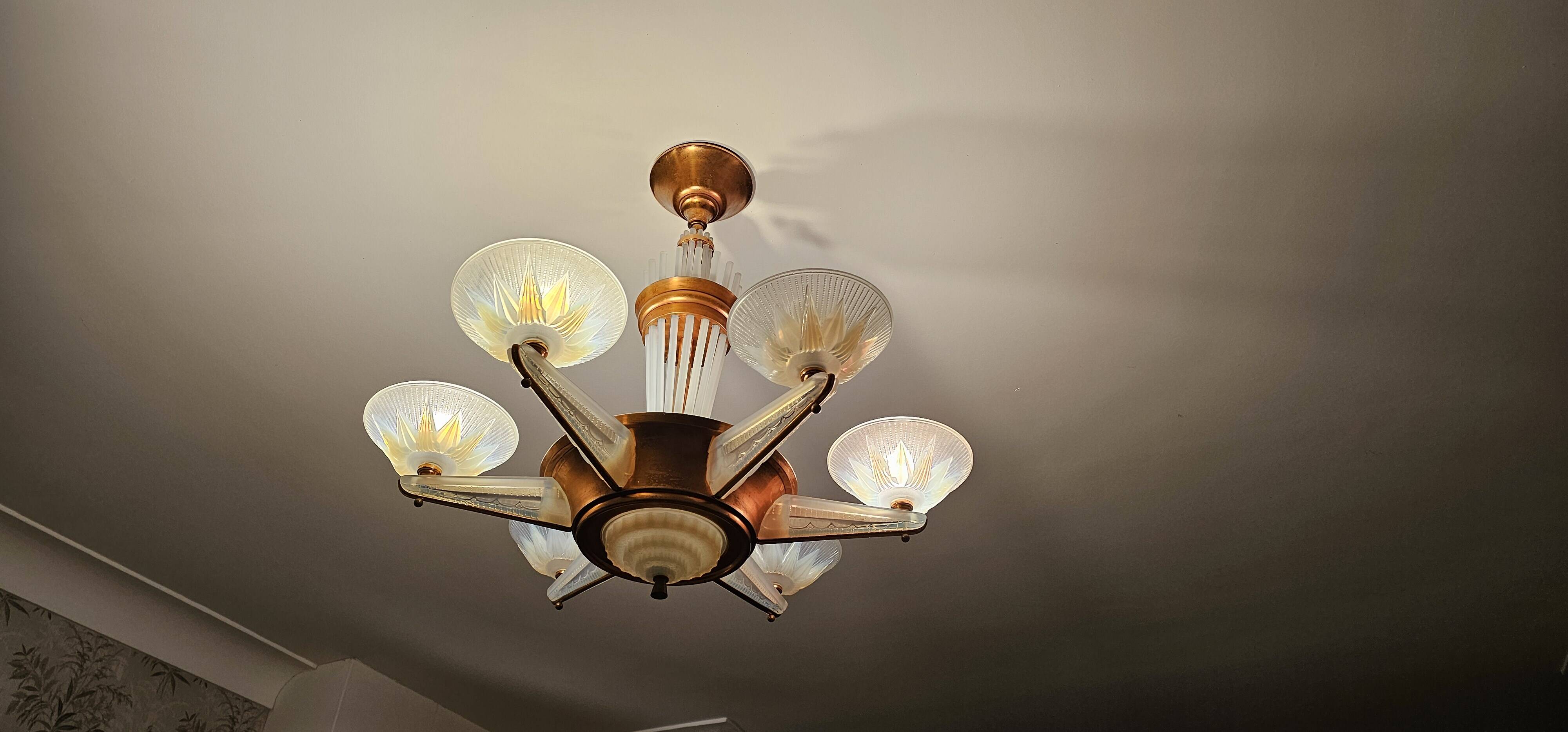 Art Deco chandelier by H.Petitot and Jean Gauthier in copper-plated metal and opal glass