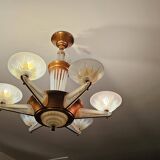 Art Deco chandelier by H.Petitot and Jean Gauthier in copper-plated metal and opal glass