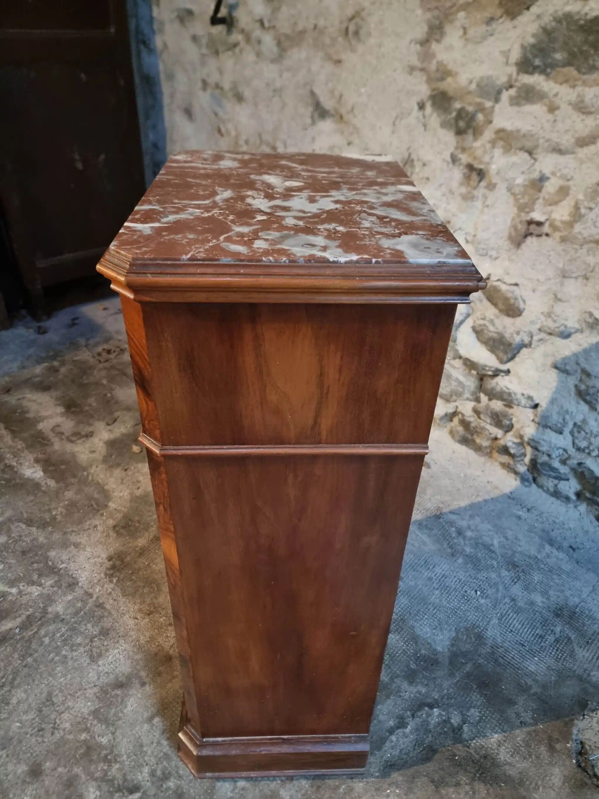 French antique bedside table in oak with walnut burl veneer, circa 1900.