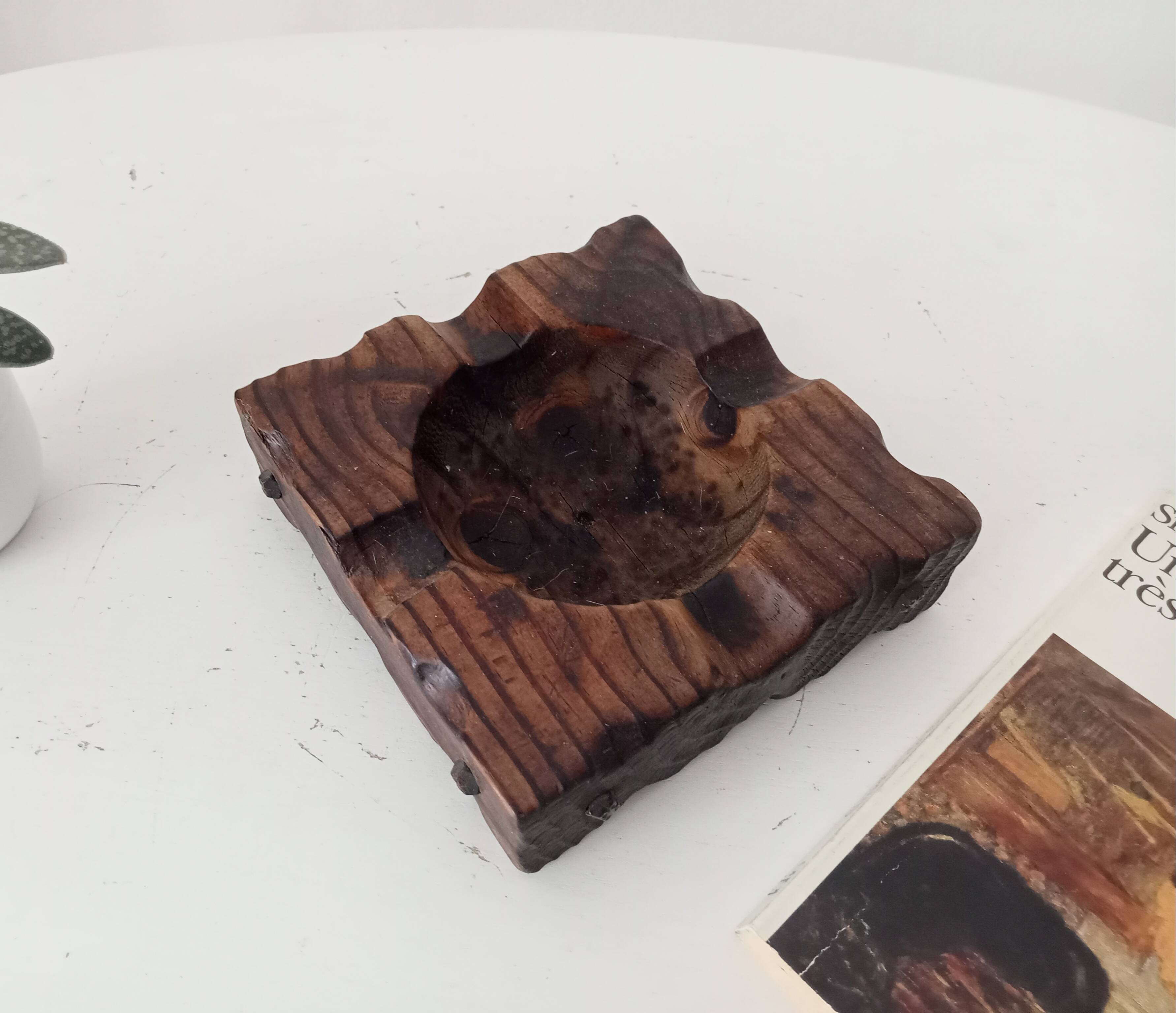 Brutalist vintage ashtray from the 1960s, carved wood.