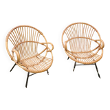 Pair of rattan shell armchairs steel feet