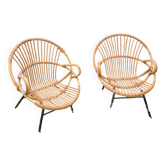 Pair of rattan shell armchairs steel feet