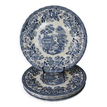 5 assiettes plates anglaises bleues Tonquin et Myott, modèle Staffordshire