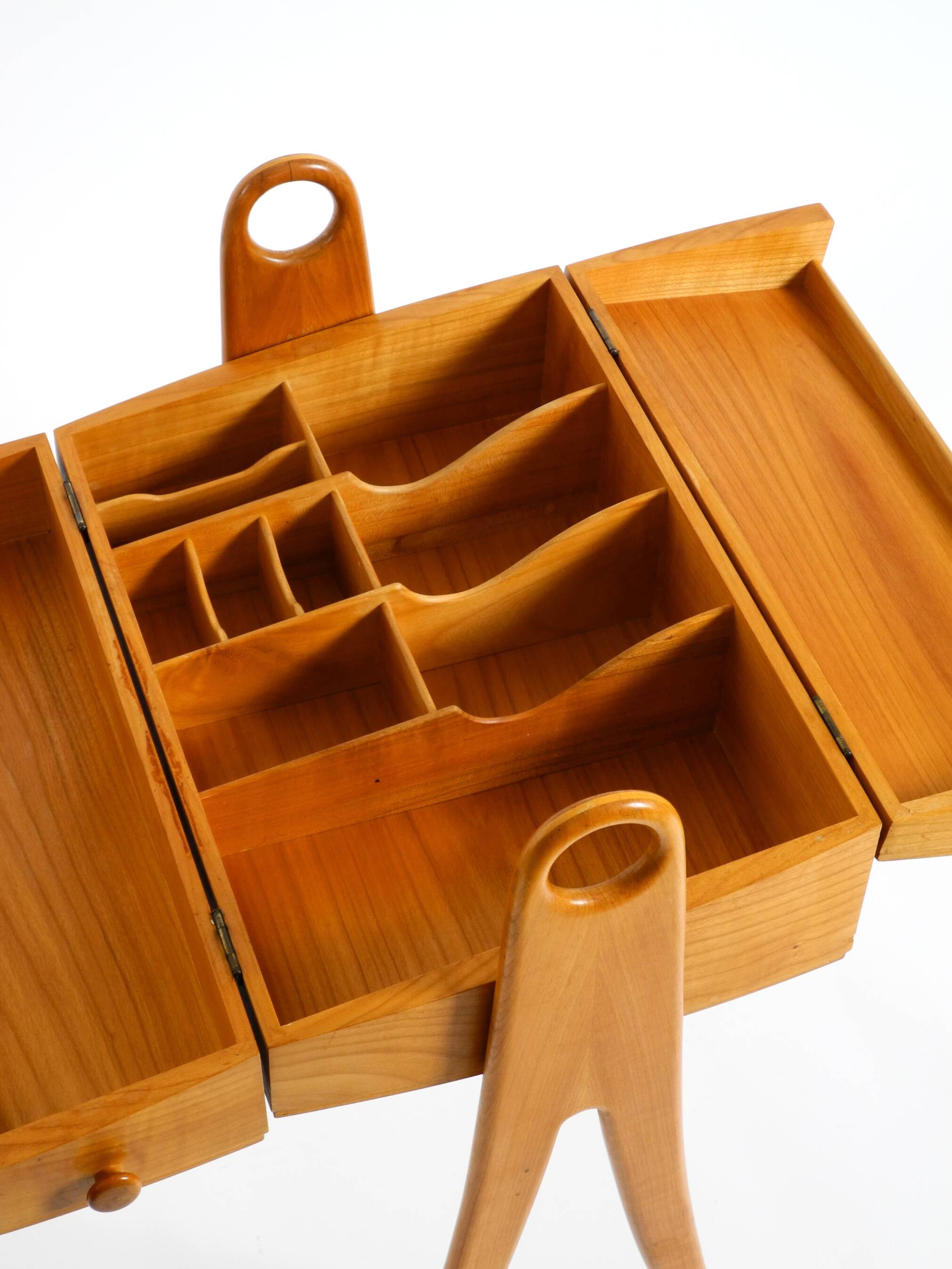 1950s ash wood sewing box, with a hinged top, multiple compartments