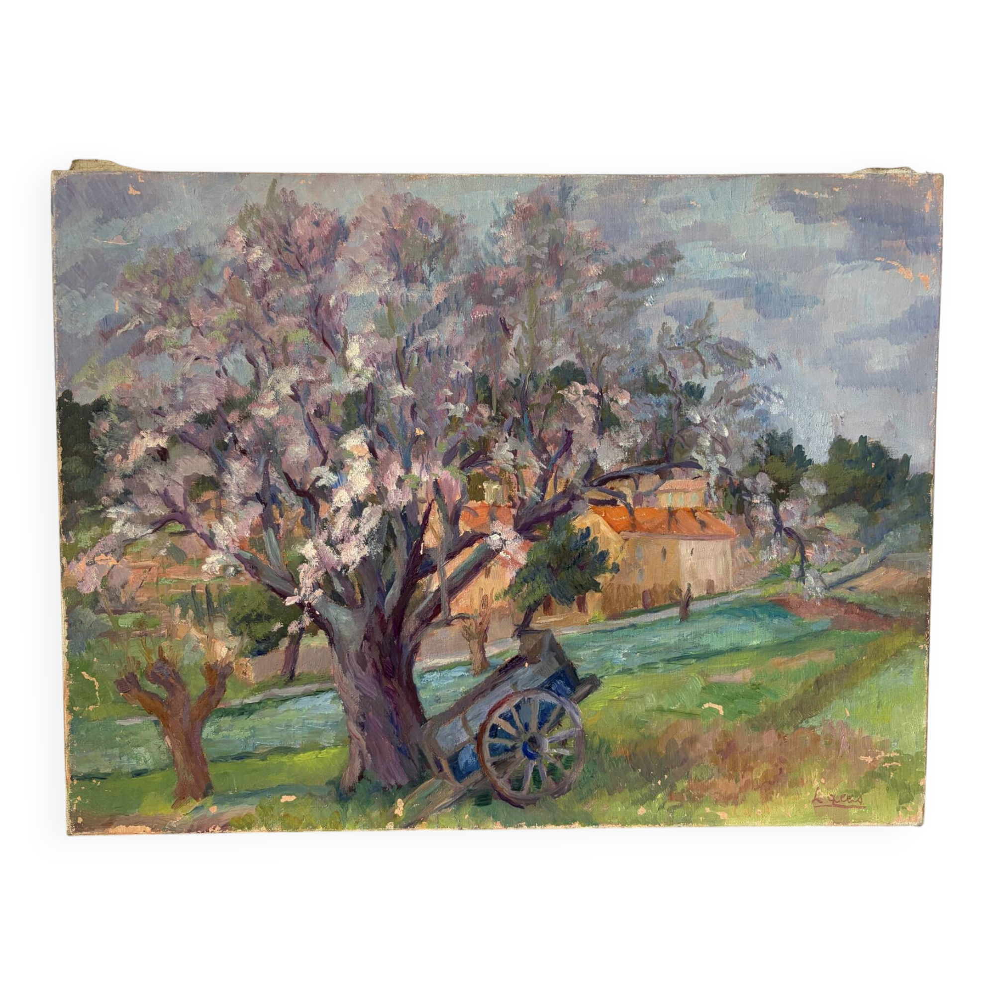 Under the cherry tree in bloom, oil on canvas signed Lacas.