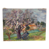 Sous le cerisier en fleurs, huile sur toile signé Lacas