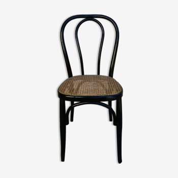 Chaise de bistrot en bois laqué noir et assise en cannage