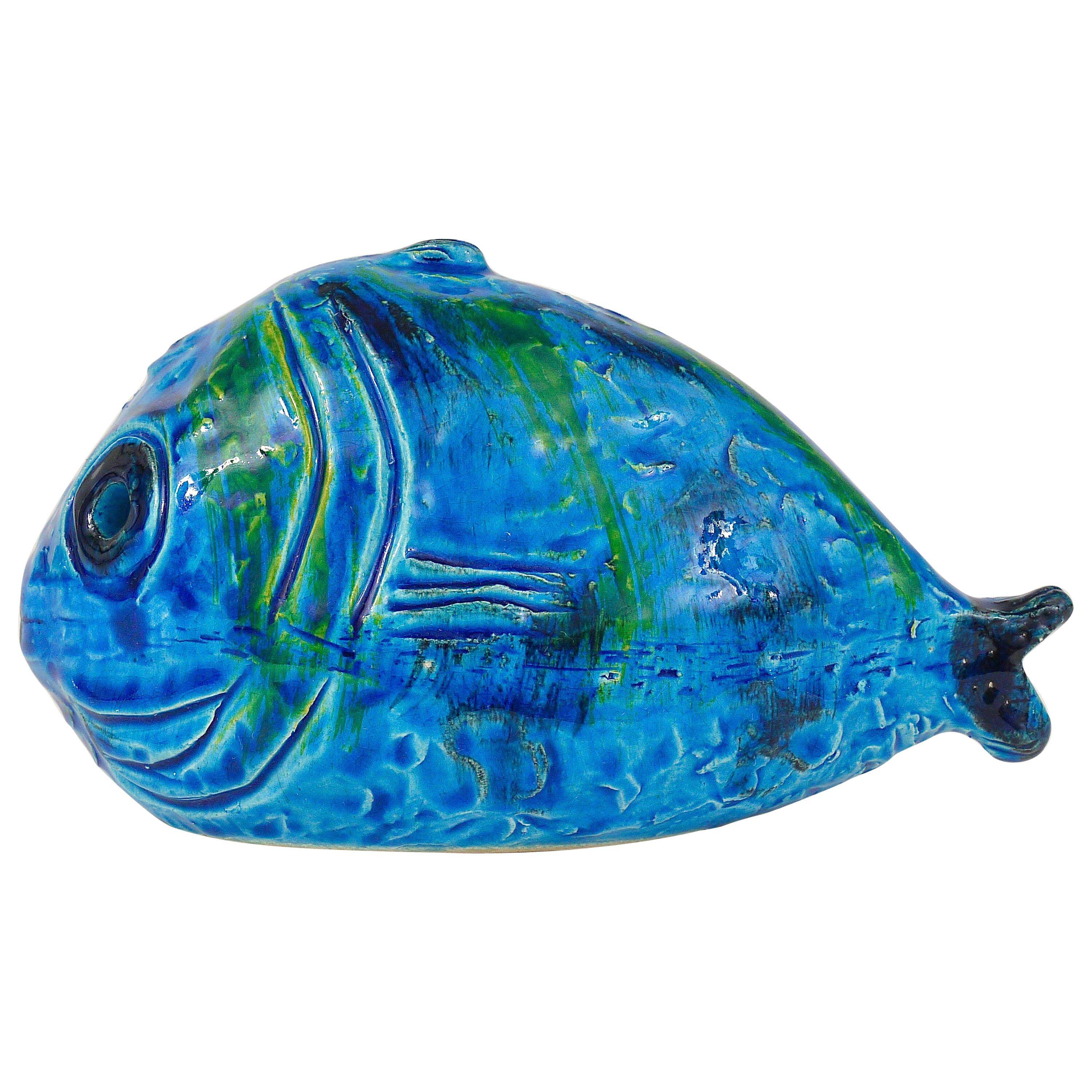Blue enamelled fish sculpture Rimini by Aldo Londi Bitossi, Italy, 1950s