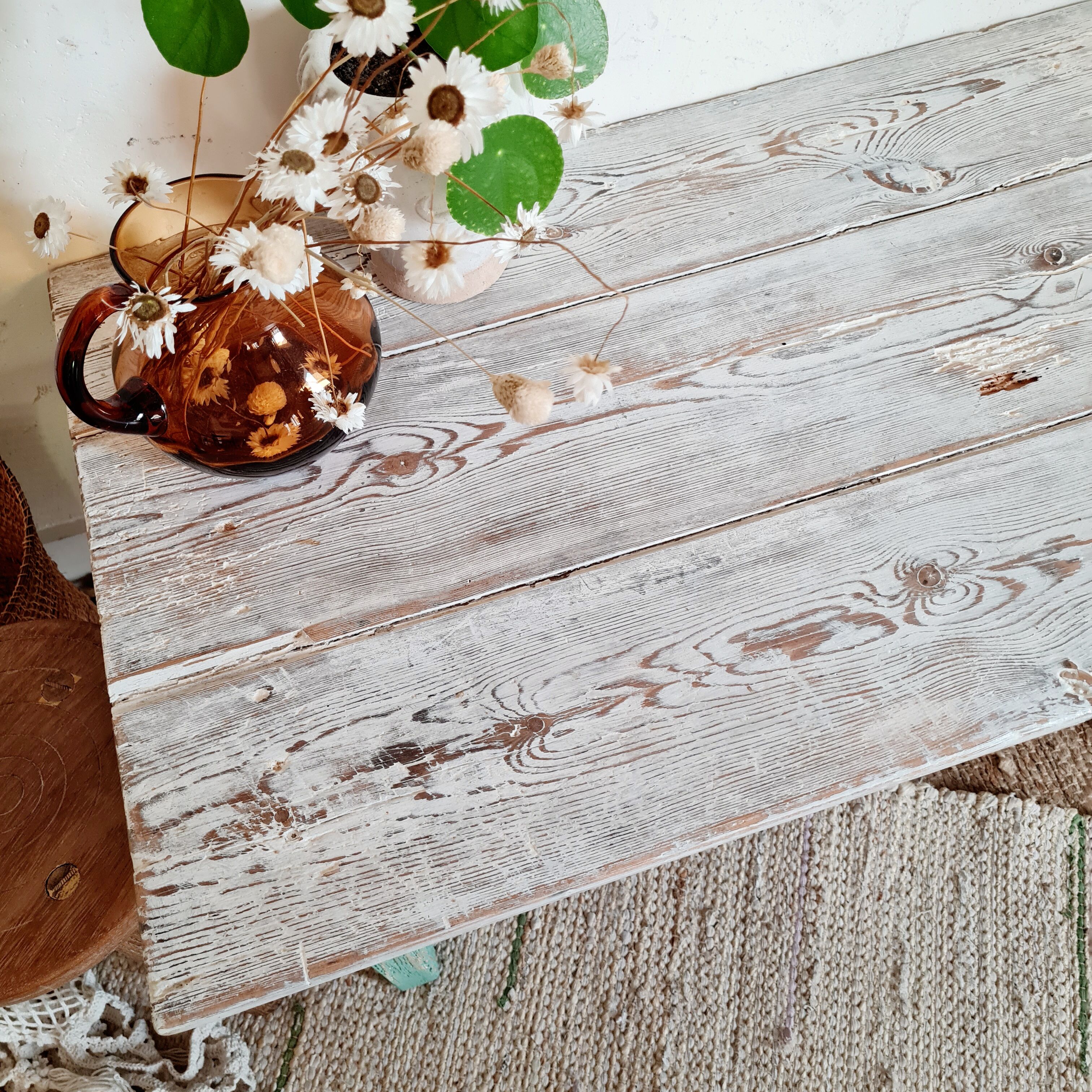 Table basse de ferme en bois piétement vert