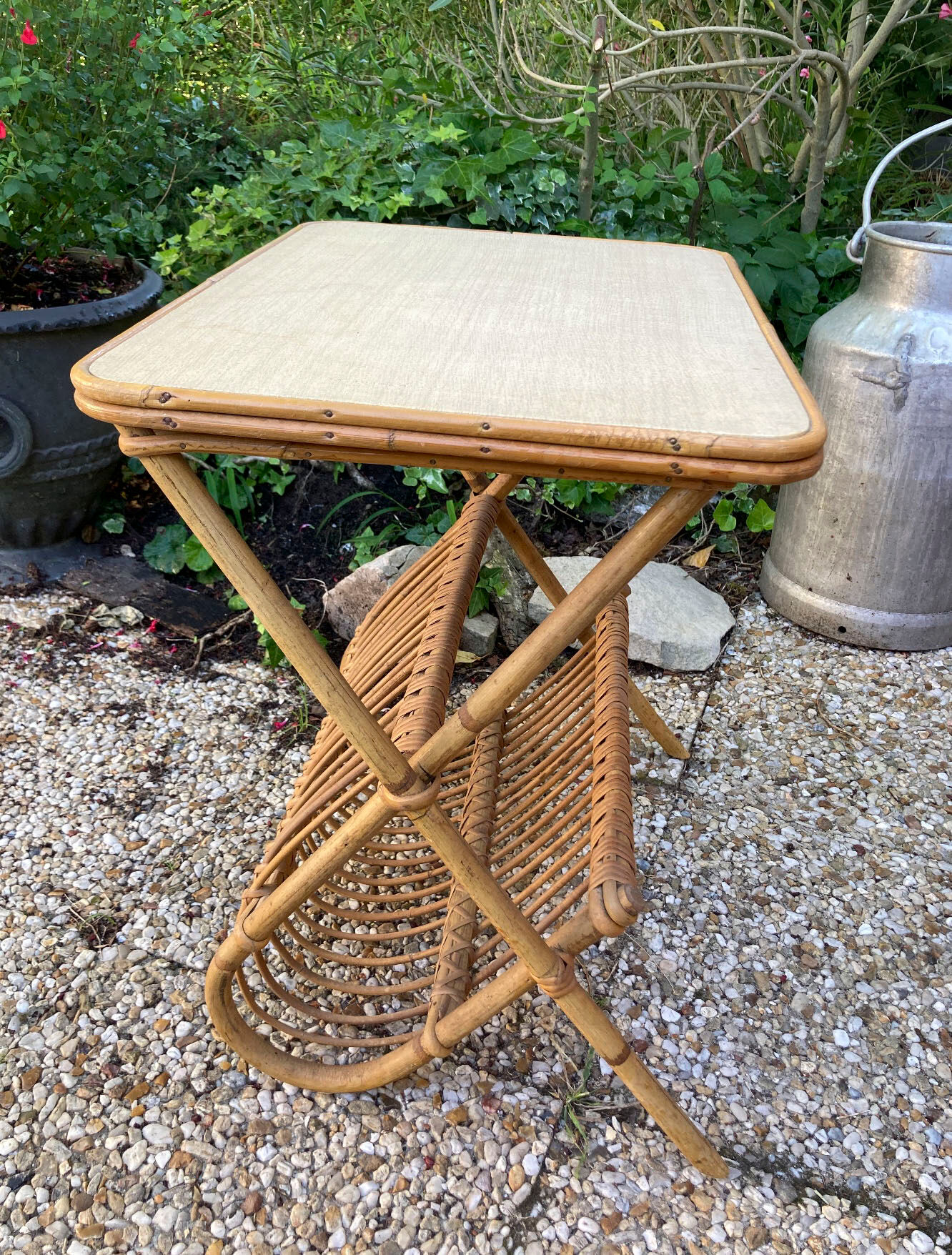 Vintage rattan magazine holder table