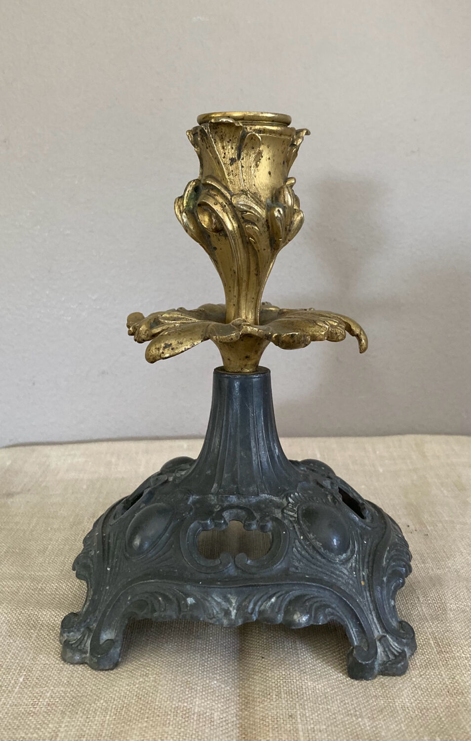 Louis XV candlestick in solid bronze openwork pewter base early twentieth century