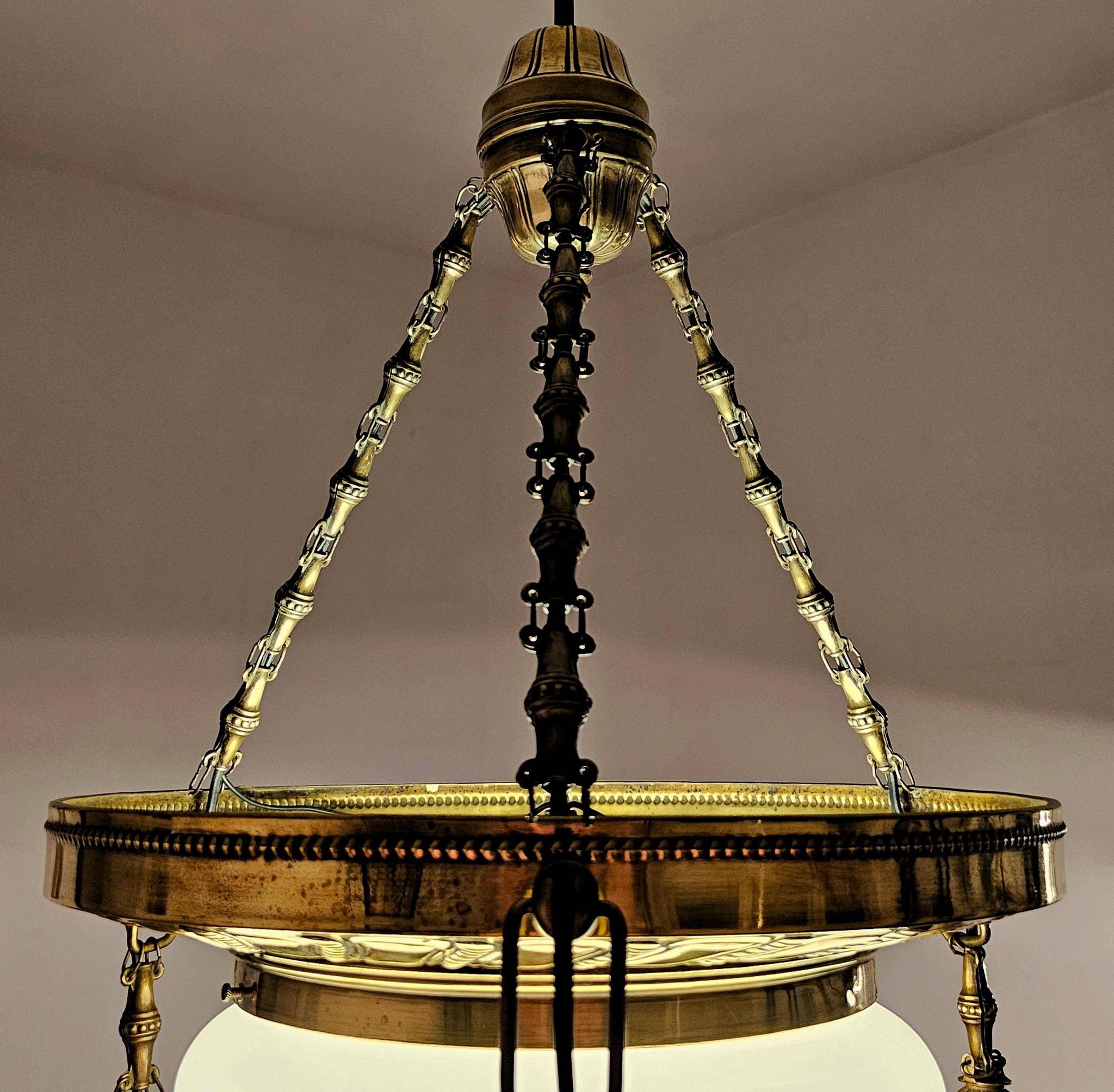 Polished Brass Art Nouveau Chandelier with Opaline Glass Dome
