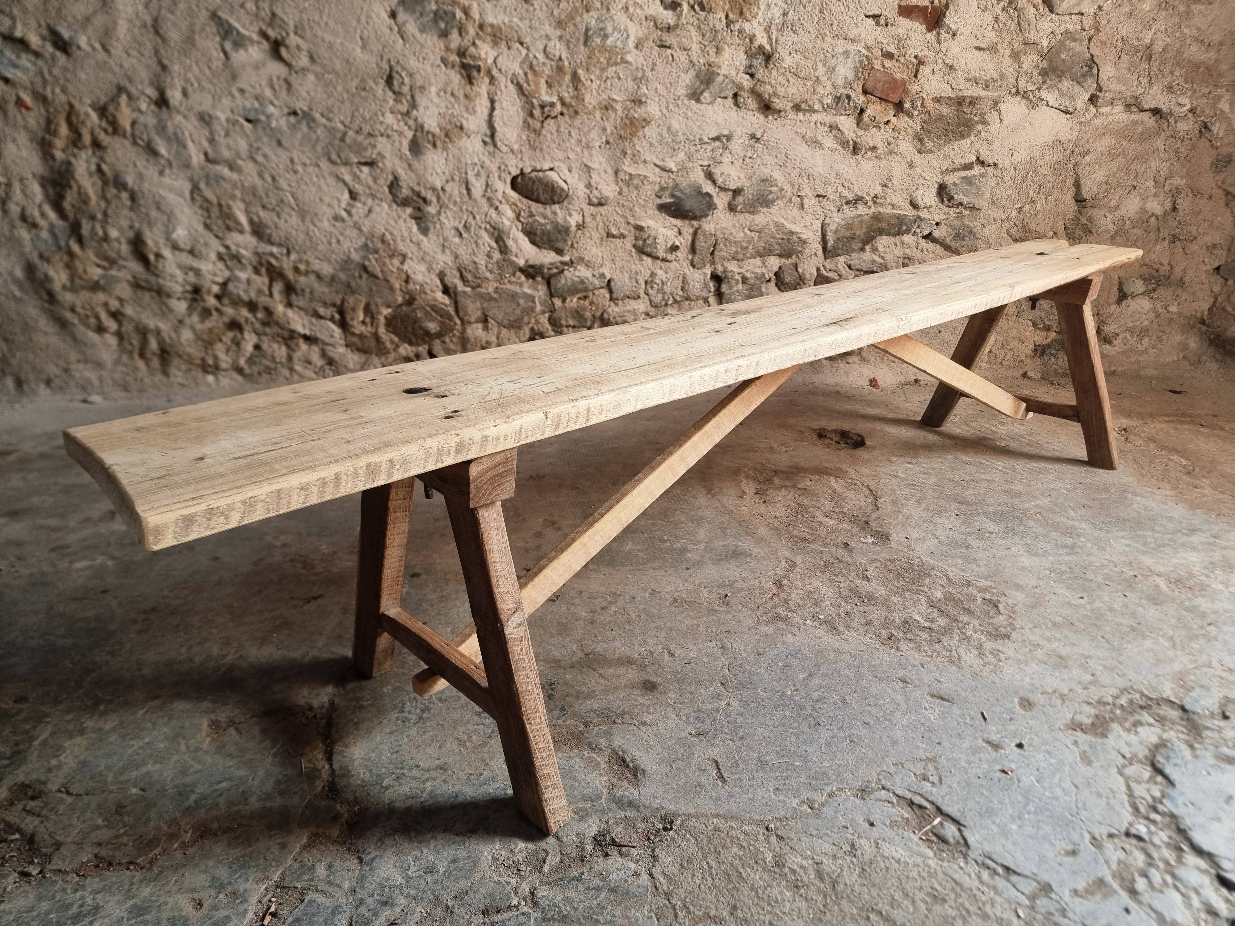 French antique wooden bench – Rustic farmhouse bench – Poplar and chestnut – Late 19th century – 198 cm