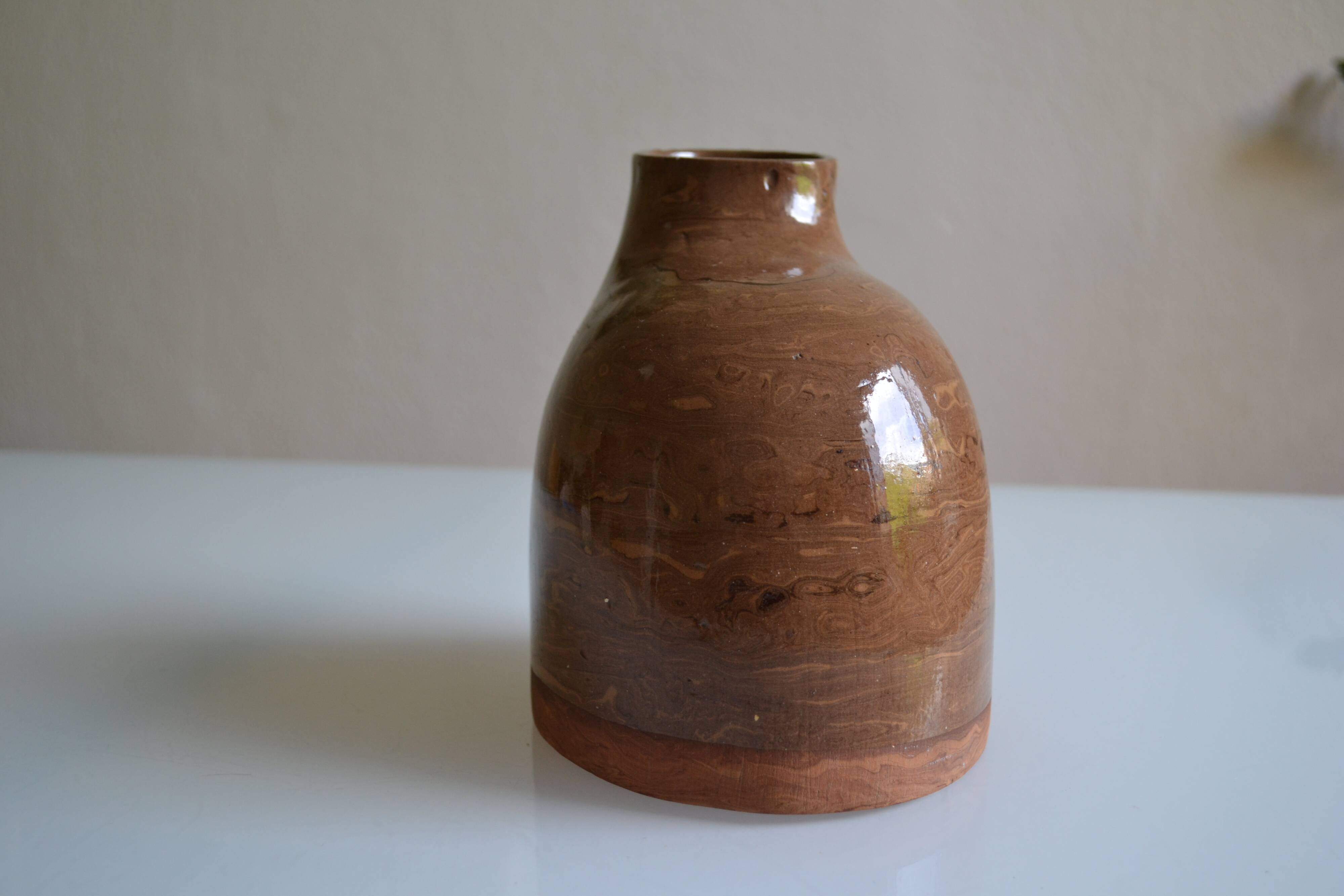 Bottle vase with an off-centre neck in ceramic, signature with a fish to be identified.
