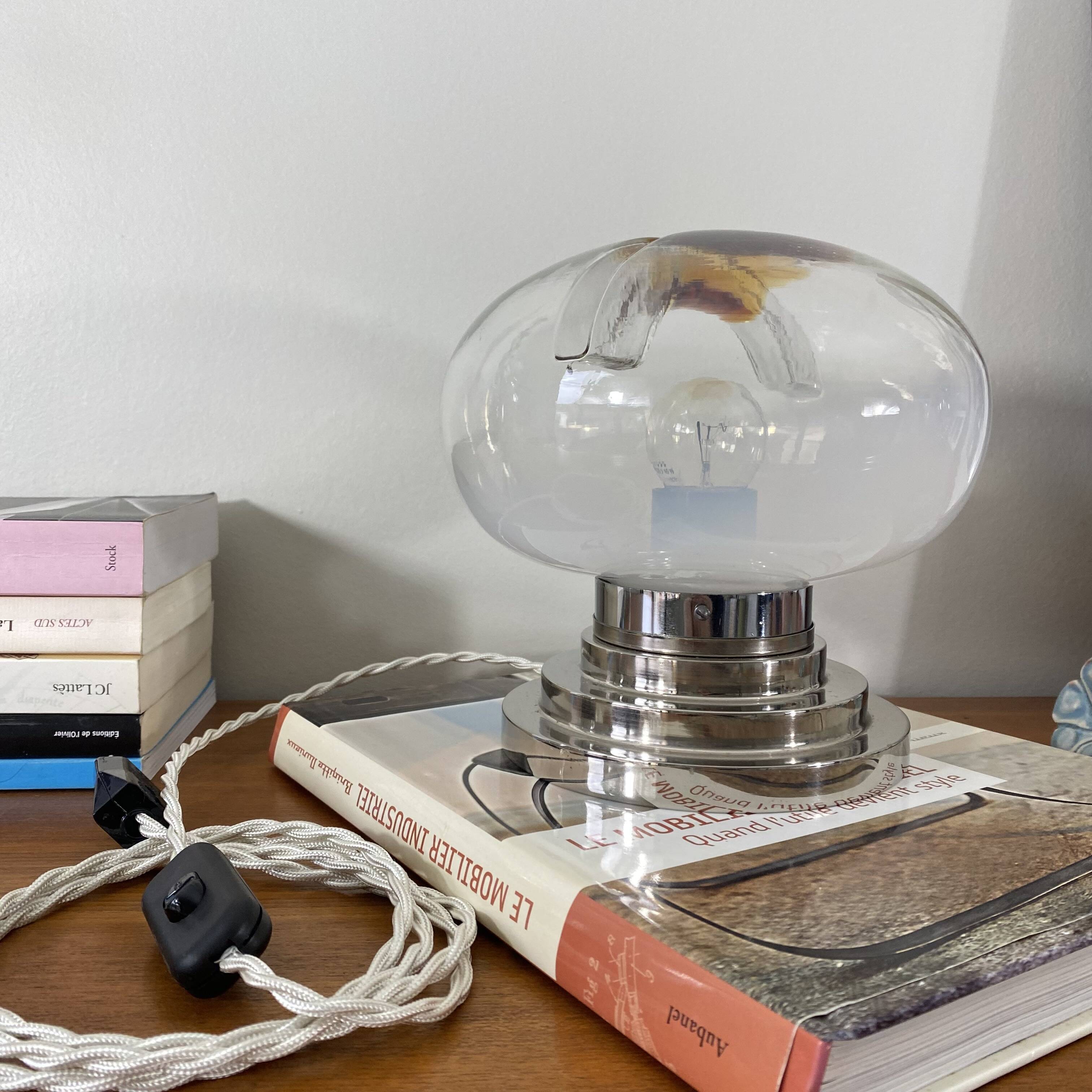 Lampe vintage verre Murano Mazzega et métal chromé