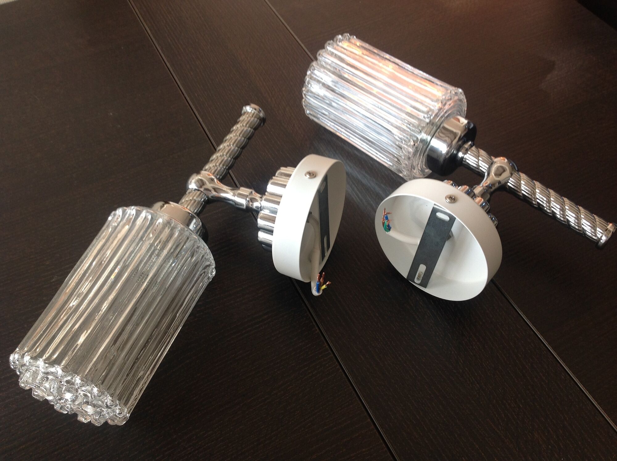 Pair of torch  in glass and chrome metal / vintage 70s wall light