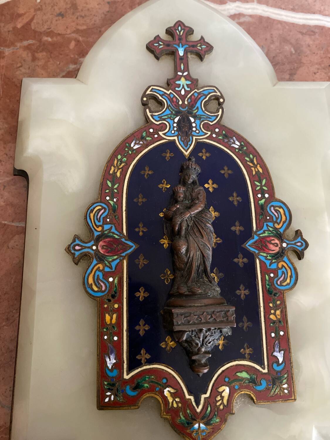 Very beautiful holy water font in cloisonné enamel on marble