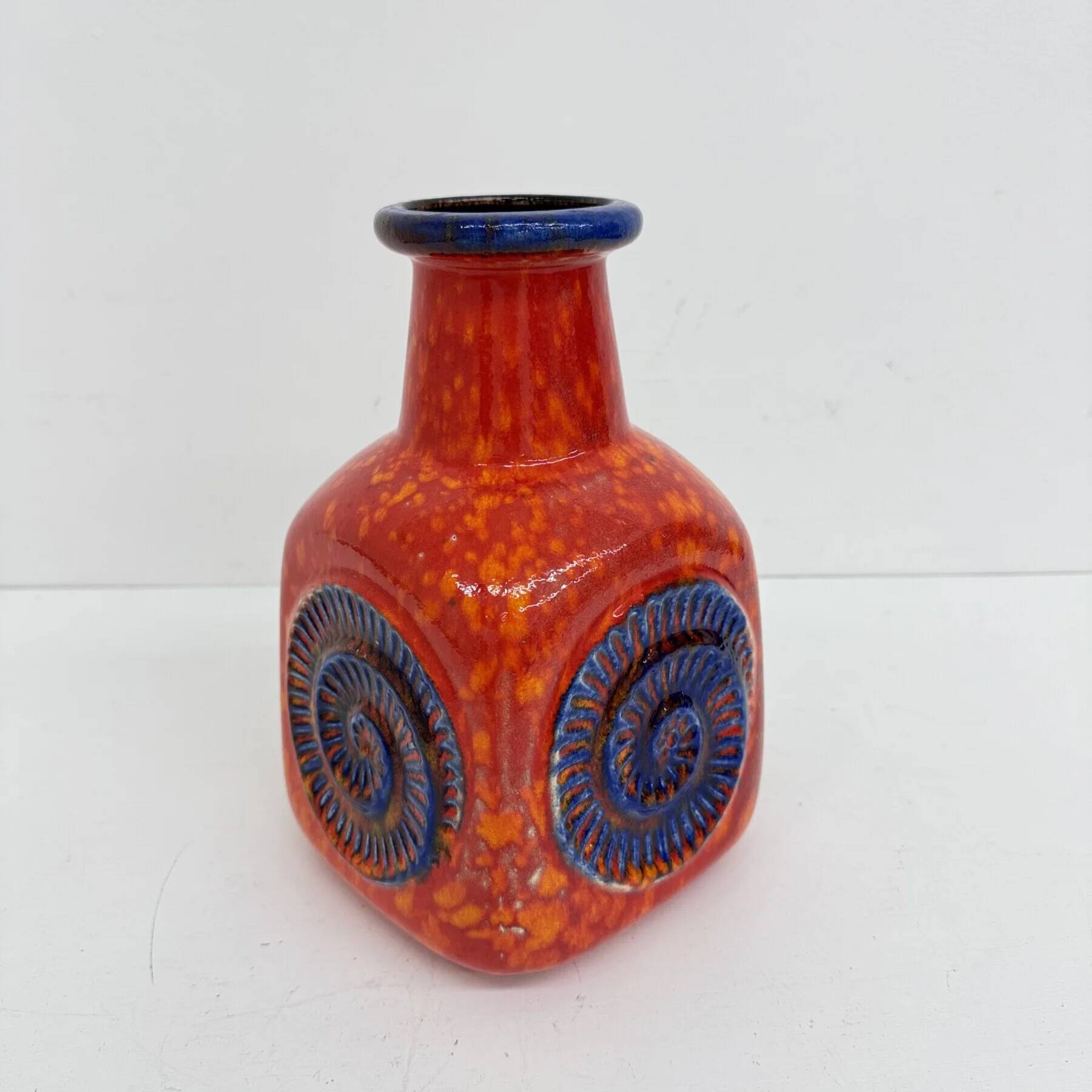 Scheurich West Germany Bay ceramic vase orange with blue fossils, 1970s