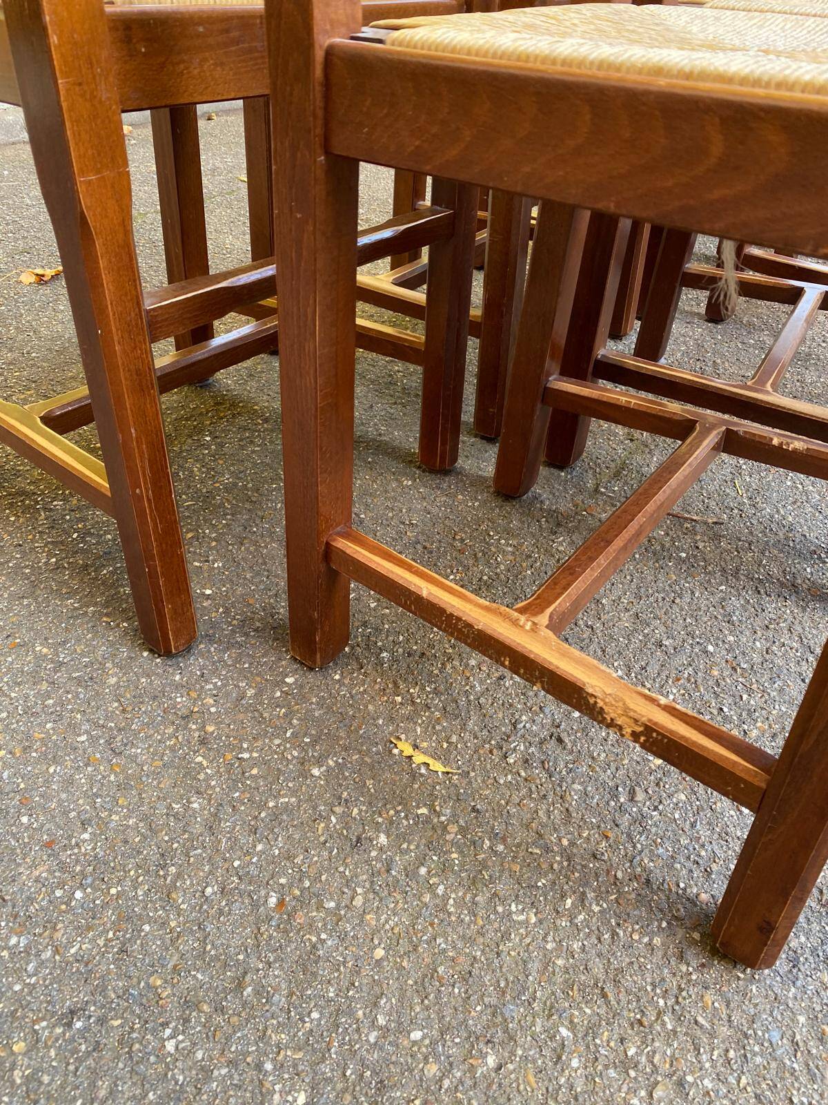 8 solid wood dining chairs with straw seats, farmhouse style