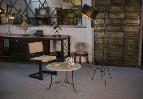 Marble side table with wrought iron base and brass balls in the style of Jean Royère, 1940s