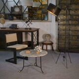Marble side table with wrought iron base and brass balls in the style of Jean Royère, 1940s