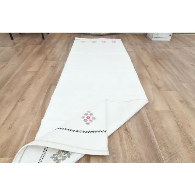 1970s Vintage Turkish Handmade Wool Cotton Beige Kilim Runner Rug 66x207