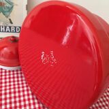 Red enameled metal teapot with chain