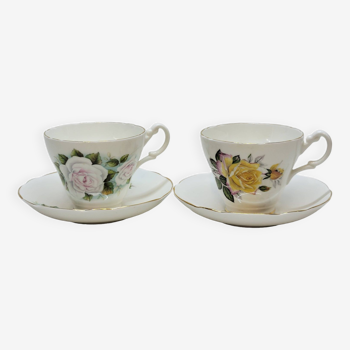 2 tasses et soucoupes Royal Stuart décor à la rose