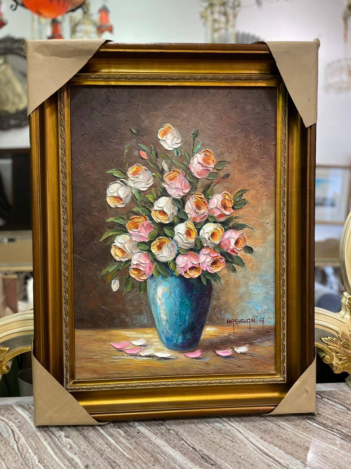 Pink and white flower pot painting