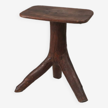 Rustic mid-century wooden stool with legs made of a tree branch, France, 1850