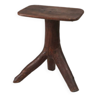 Rustic mid-century wooden stool with legs made of a tree branch, France, 1850