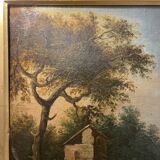 École italienne "Paysage lacustre, forêt animée de personnages" tableau hui