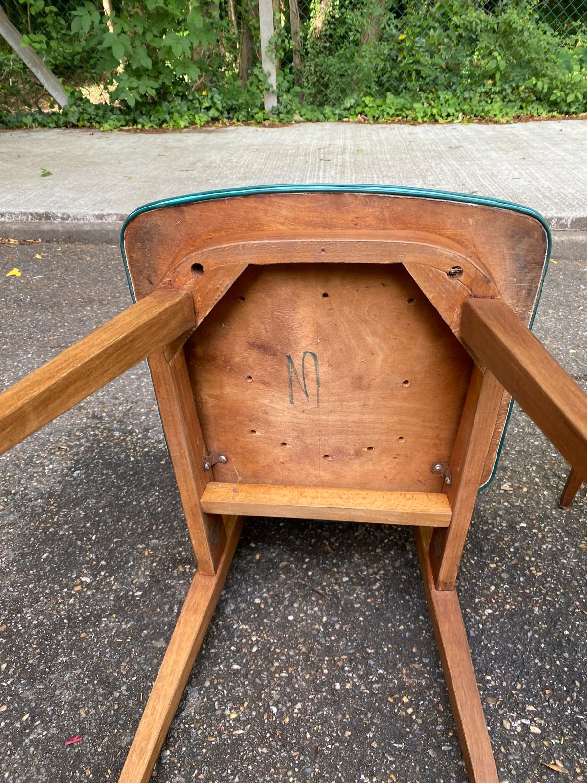 4 Scandinavian dining chairs in solid wood and blue-green leather from the 1950s.